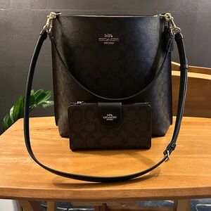 Coach Black and Brown Signature Tote with Wallet